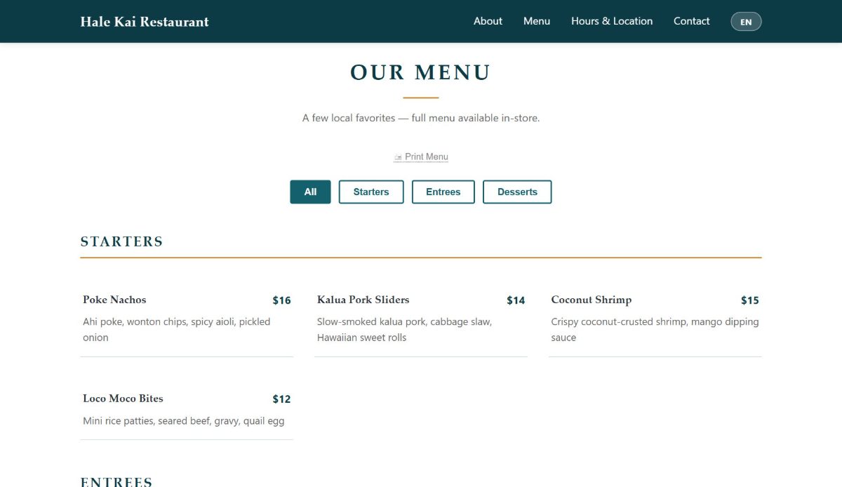 Hale Kai Restaurant demo site — menu page in deep teal and brass with serif headings, category filters and a printable menu
